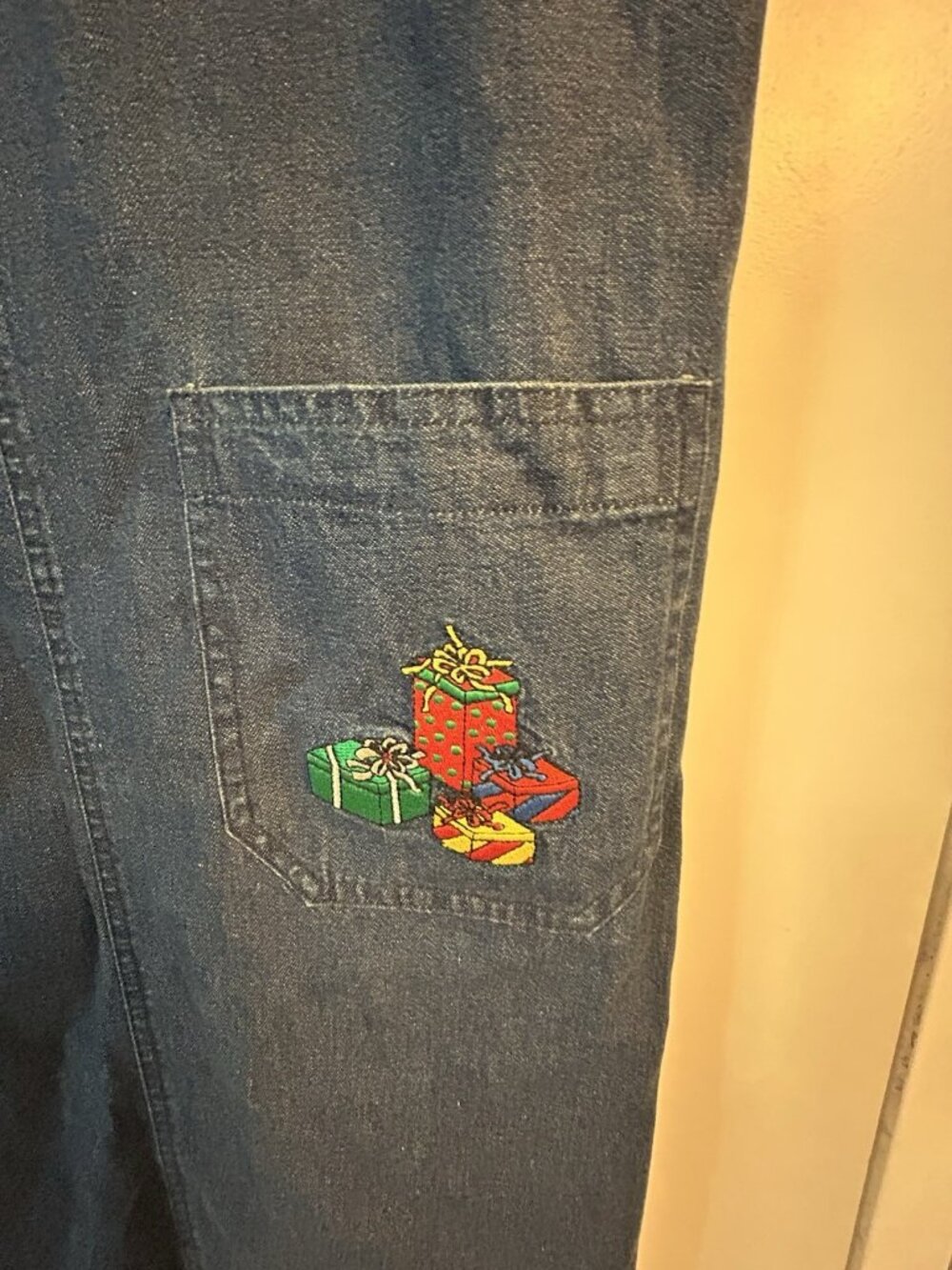 Vintage Christmas Dress Size Petite Medium Jean Denim Embroidered Midi Tacky Fun - Picture 4 of 13